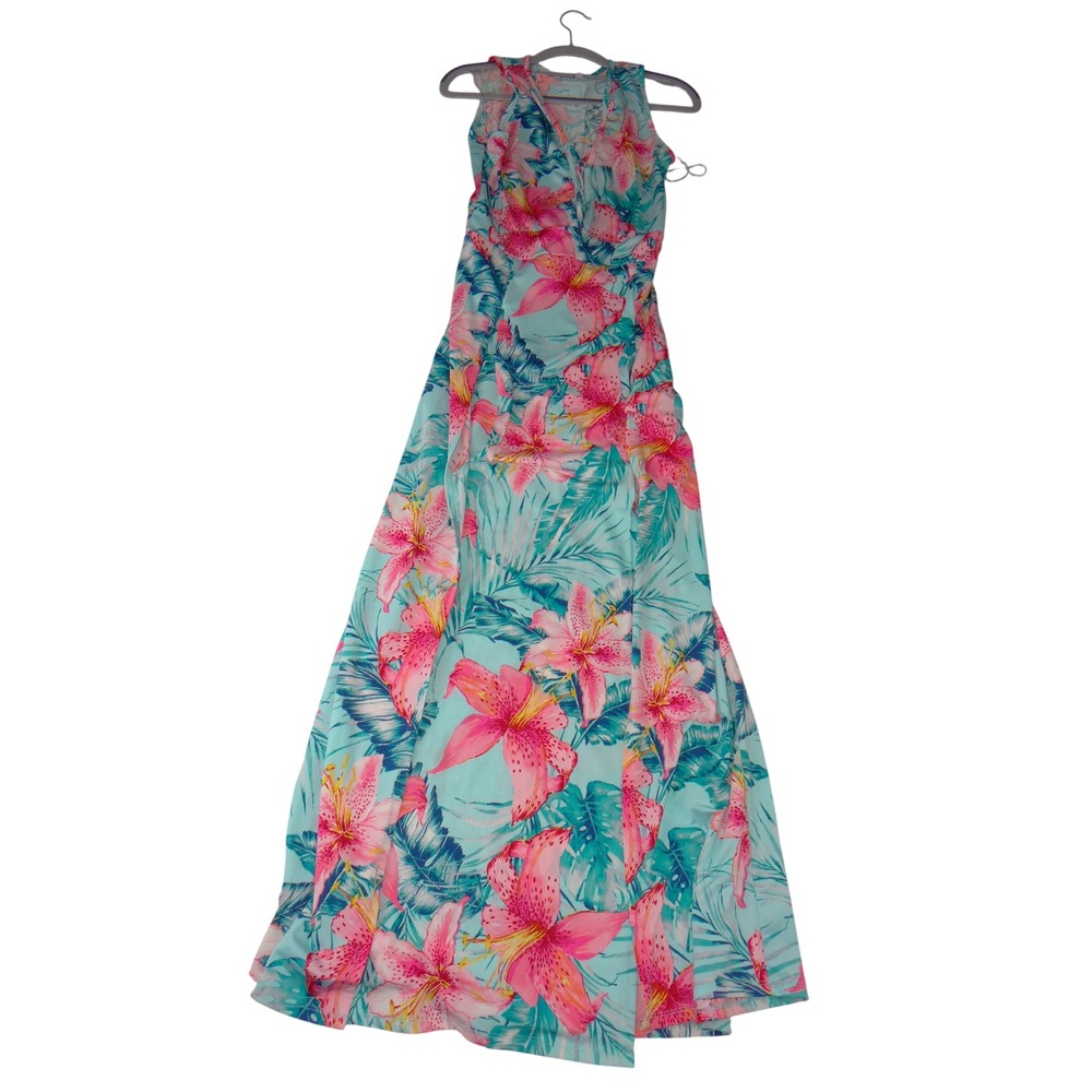 Iris Womens Tropical Lily Floral Maxi Dress Aqua Pink Sleeveless V-Neck L